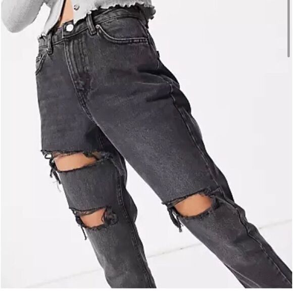 TOPSHOP SIZE 6 TALL HIGH WAISTED TAPERED LEG WASHED BLACK MOM JEANS - Picture 1 of 11